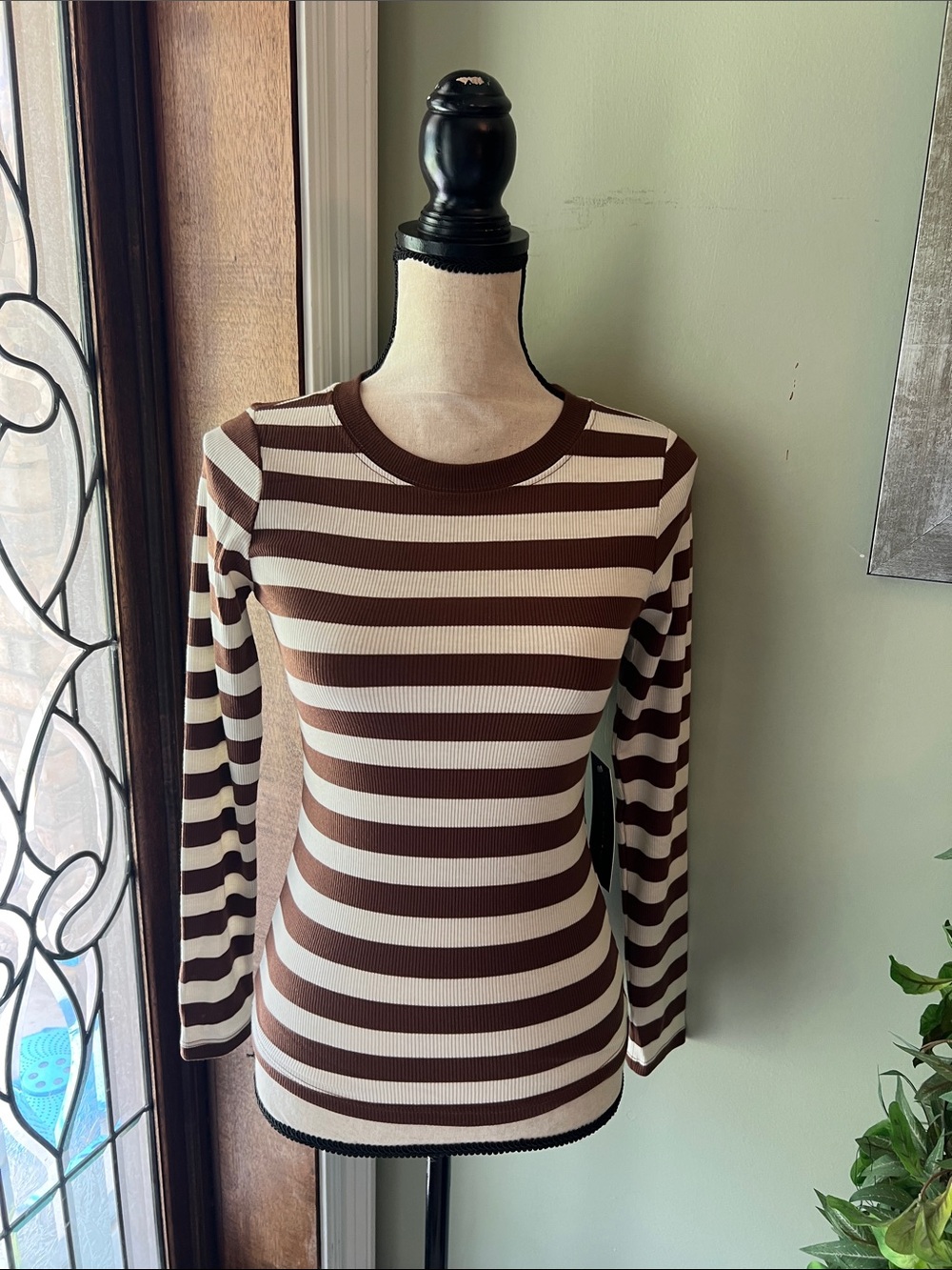 Heart Hips Brown and Cream Striped Long-Sleeve Ribbed Tee